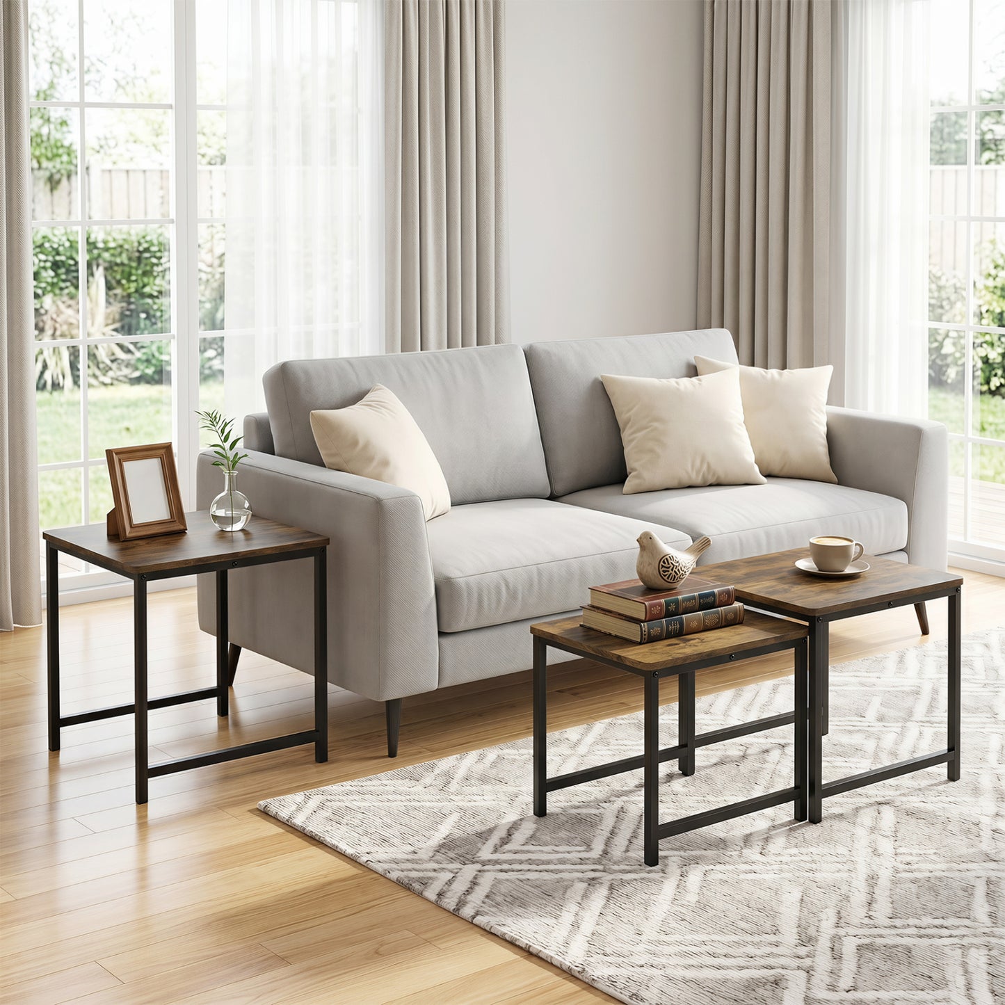 Faux Marble Nesting Table with Metal Frame Set of 3-Rustic Brown