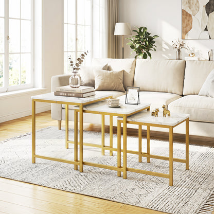 Faux Marble Nesting Table with Metal Frame Set of 3-Rustic Brown