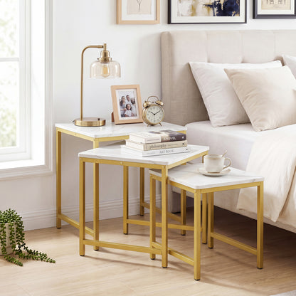 Faux Marble Nesting Table with Metal Frame Set of 3-Rustic Brown