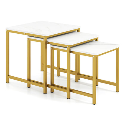 Faux Marble Nesting Table with Metal Frame Set of 3-Rustic Brown