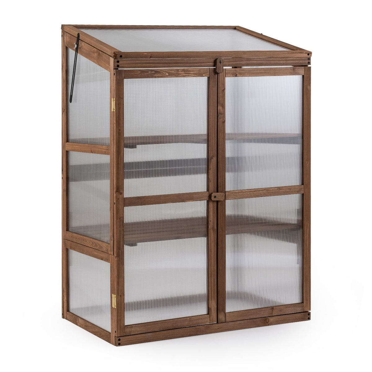 Fir Wood Greenhouse Cabinet with Transparent Flip-Top Roof and 2-Door Plants Shelf Protection-Brown