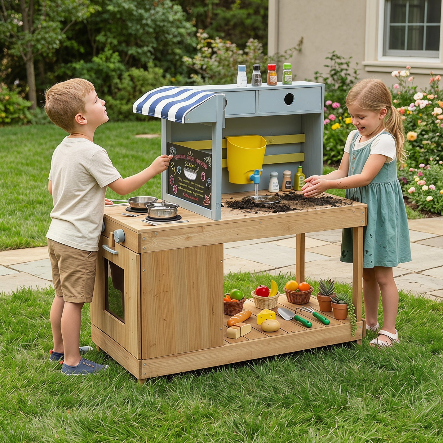 Fir wood kids kitchen playset with canopy and faucet, natural finish, pretend toy for children, ideal for imaginative play
