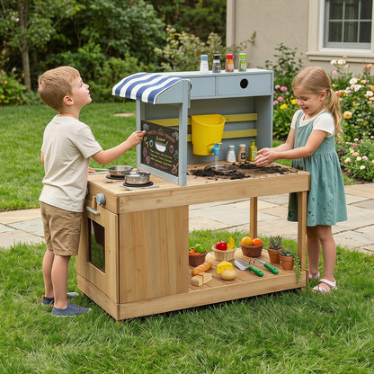 Fir wood kids kitchen playset with canopy and faucet, natural finish, pretend toy for children, ideal for imaginative play