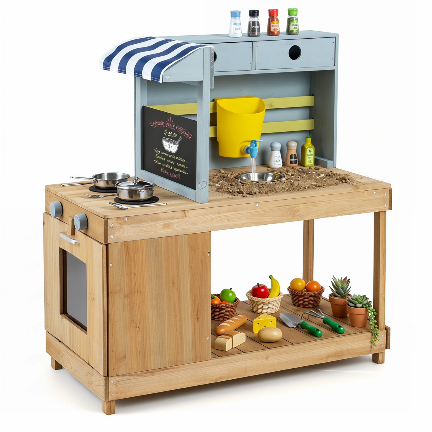 Fir wood kids' kitchen playset with canopy and faucet, natural finish, pretend play toy for children, durable and fun.