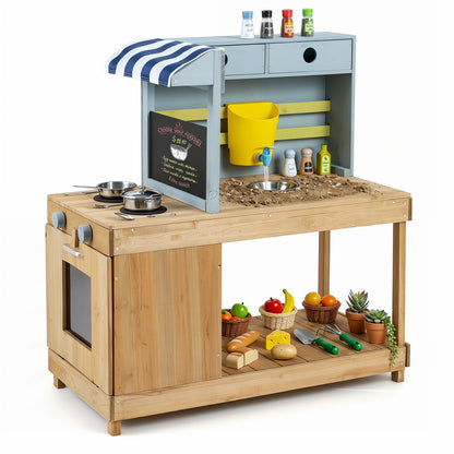 Fir wood kids' kitchen playset with canopy and faucet, natural finish, pretend play toy for children, durable and fun.