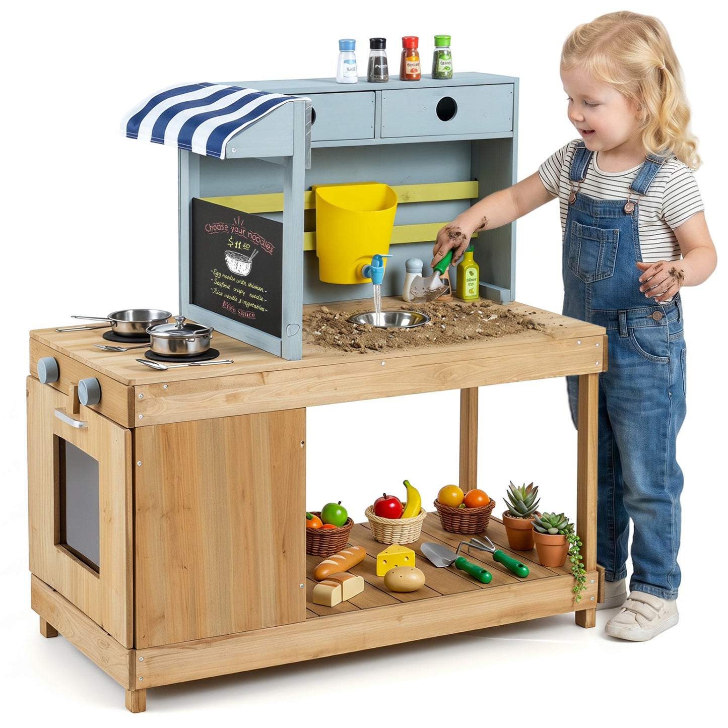 Fir wood kids kitchen playset with canopy and faucet, natural finish, ideal for pretend play and imaginative cooking fun.