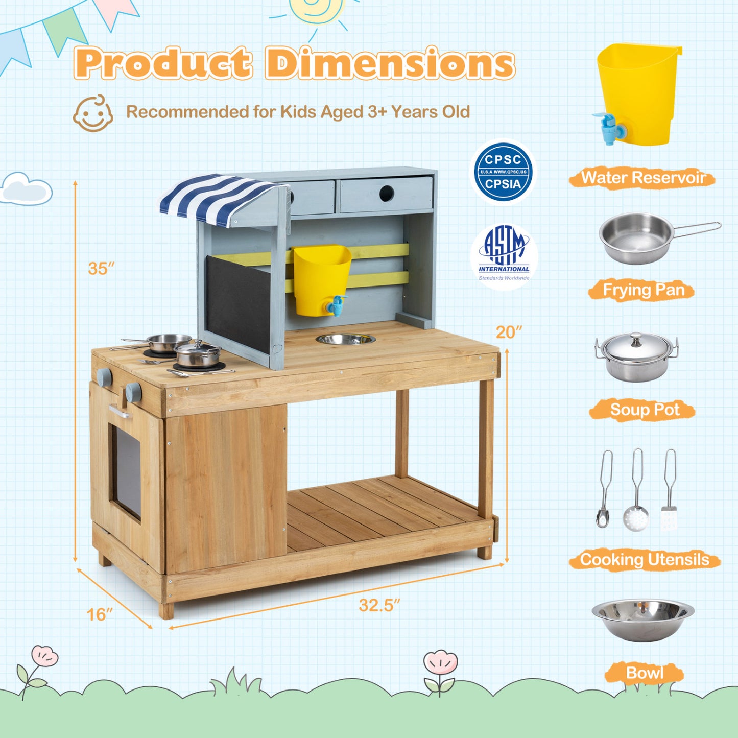 Fir wood kids kitchen playset with canopy and faucet, natural finish, pretend toy for children, sturdy wooden construction.
