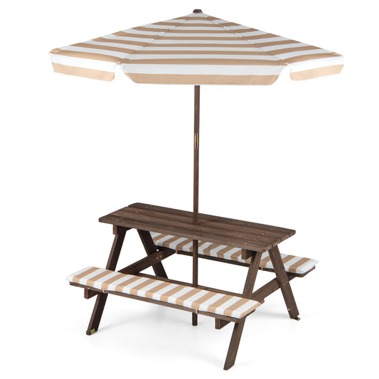 Fir wood kids picnic table with two built-in benches and umbrella, perfect for outdoor toddler and kids' play areas.