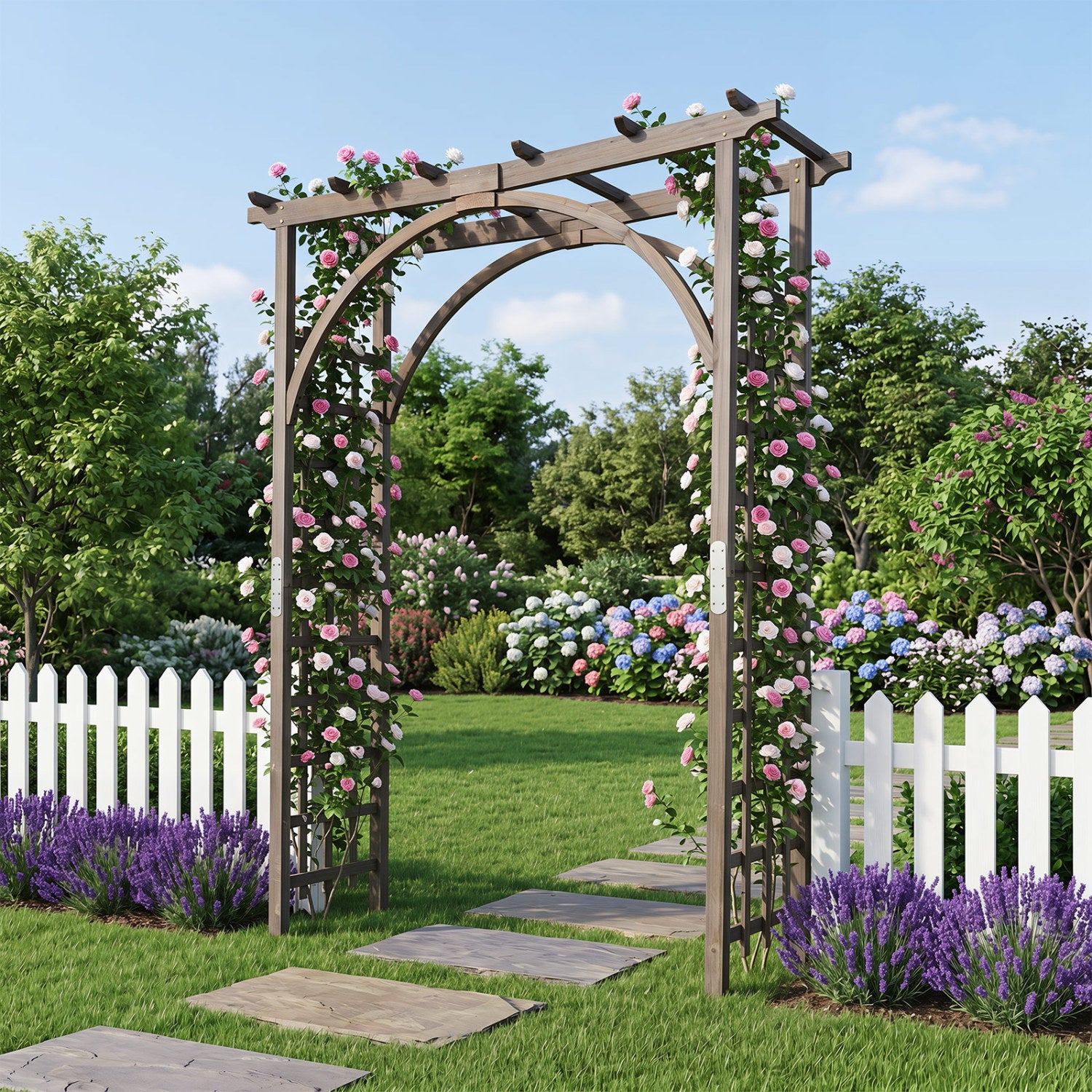 Wood garden arch trellis with flat top, 85 inches tall, ideal for climbing plants and garden decor in outdoor spaces.