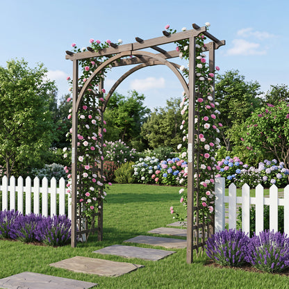 Wood garden arch trellis with flat top, 85 inches tall, ideal for climbing plants and garden decor in outdoor spaces.