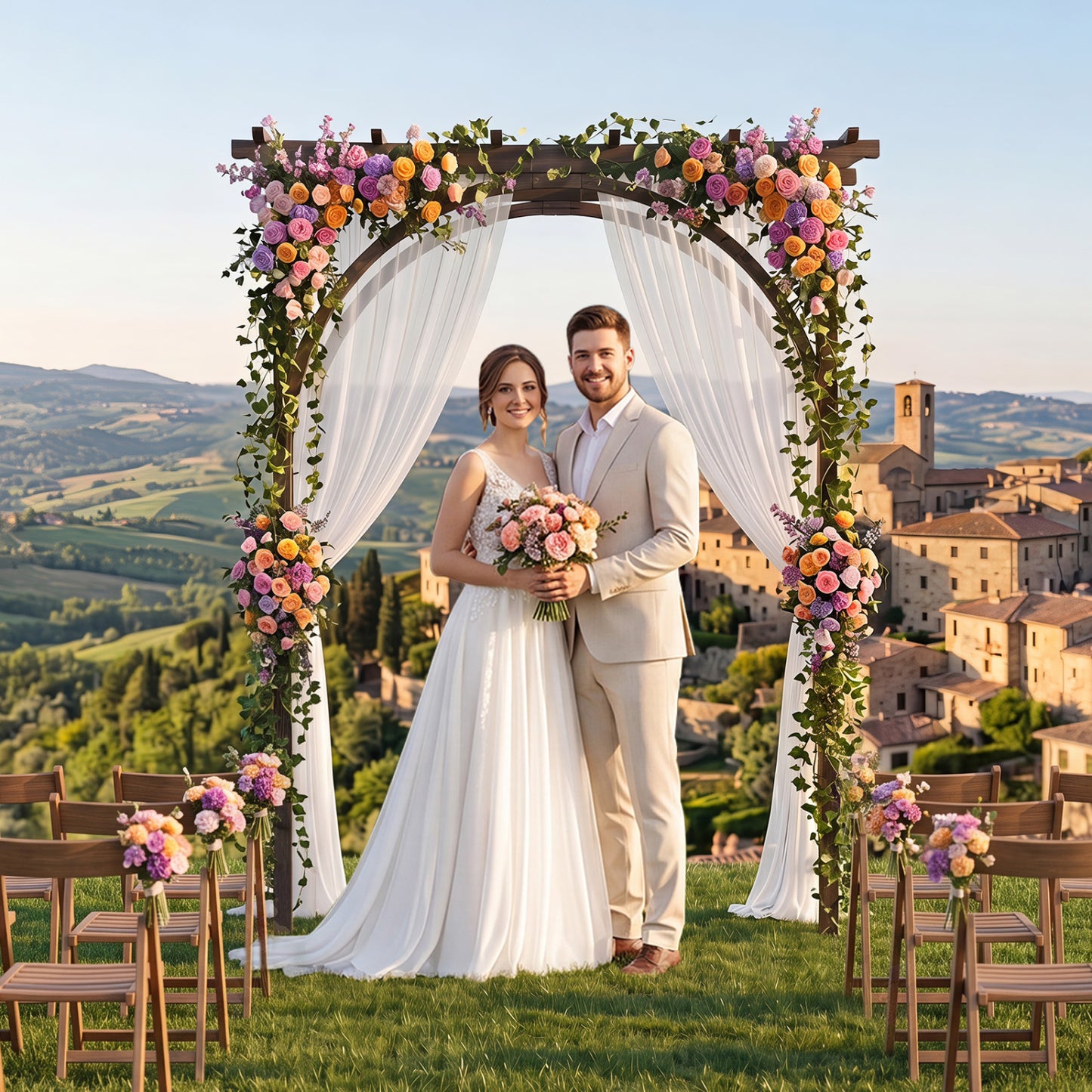 Wooden flat-top garden arch trellis, 85 inches tall, for climbing plants and outdoor weddings, in wedding-brown finish.