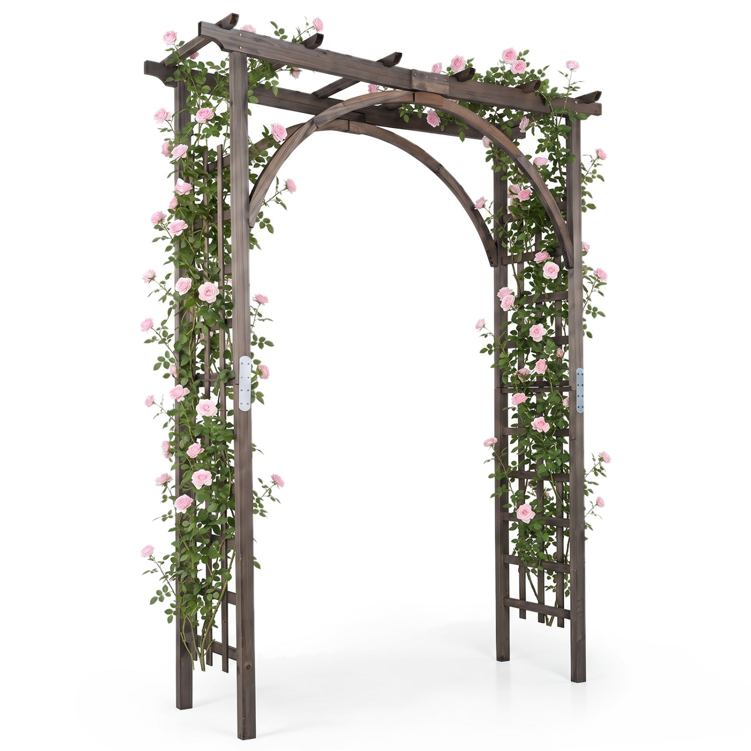 Wooden flat-top garden arch trellis 85 inches tall, ideal for climbing plants and wedding decor in outdoor garden settings.