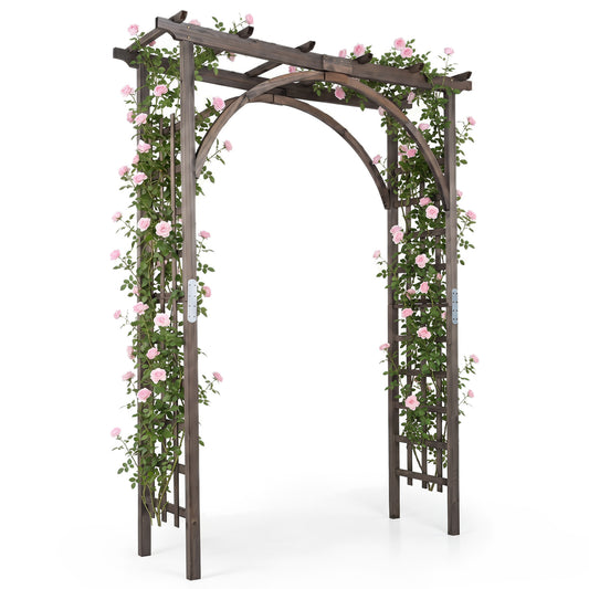 Wooden flat-top garden arch trellis 85 inches tall, ideal for climbing plants and wedding decor in outdoor garden settings.