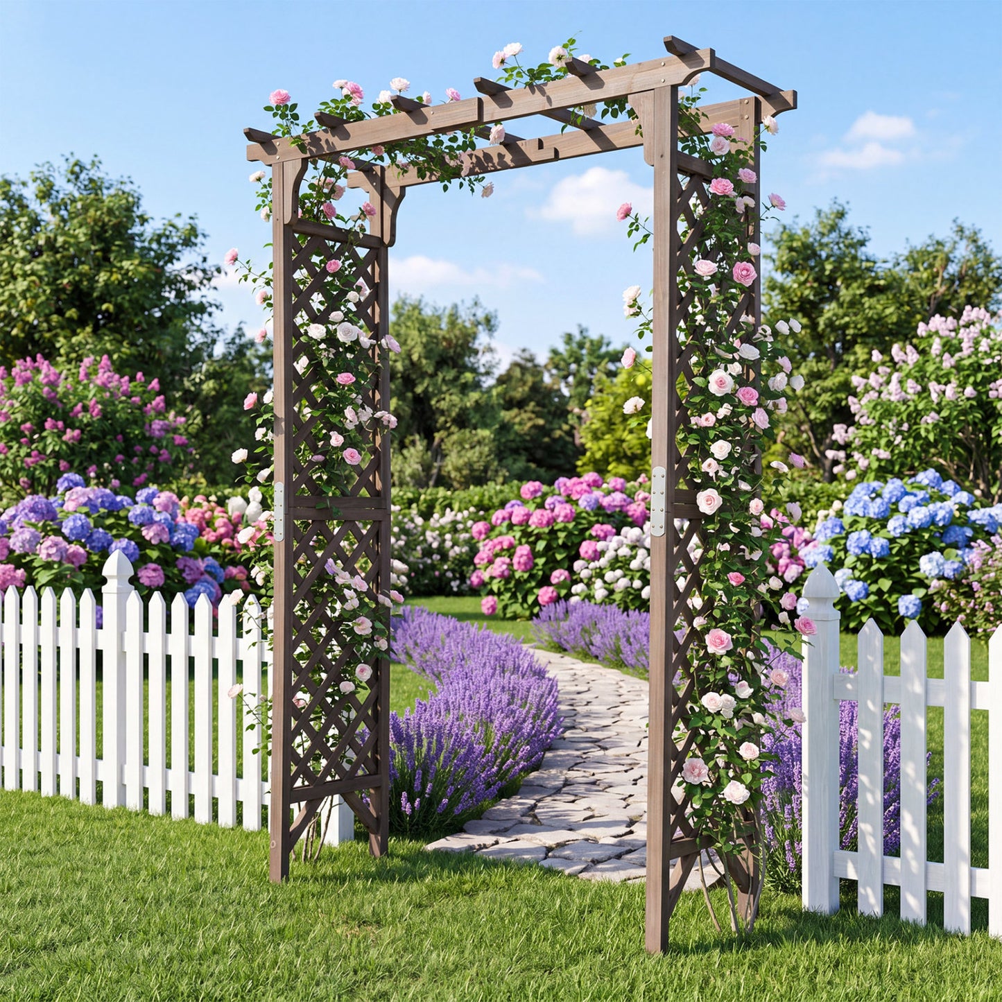Wood flat-top garden arch with gate, 85 inches tall, designed for climbing plants and outdoor wedding decor, in brown color.