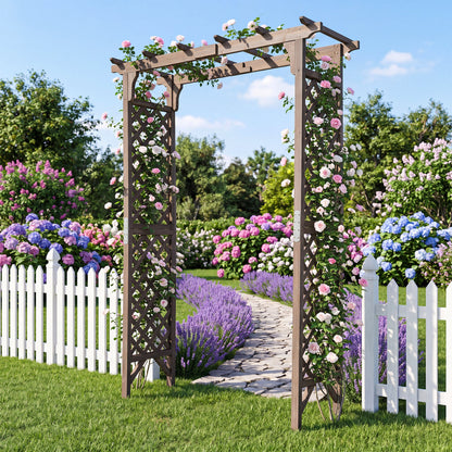 Wood flat-top garden arch with gate, 85 inches tall, designed for climbing plants and outdoor wedding decor, in brown color.