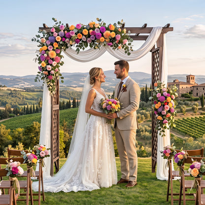 Brown flat top garden arch with gate, 85 inches tall, made of wood for climbing plants and outdoor wedding decor.