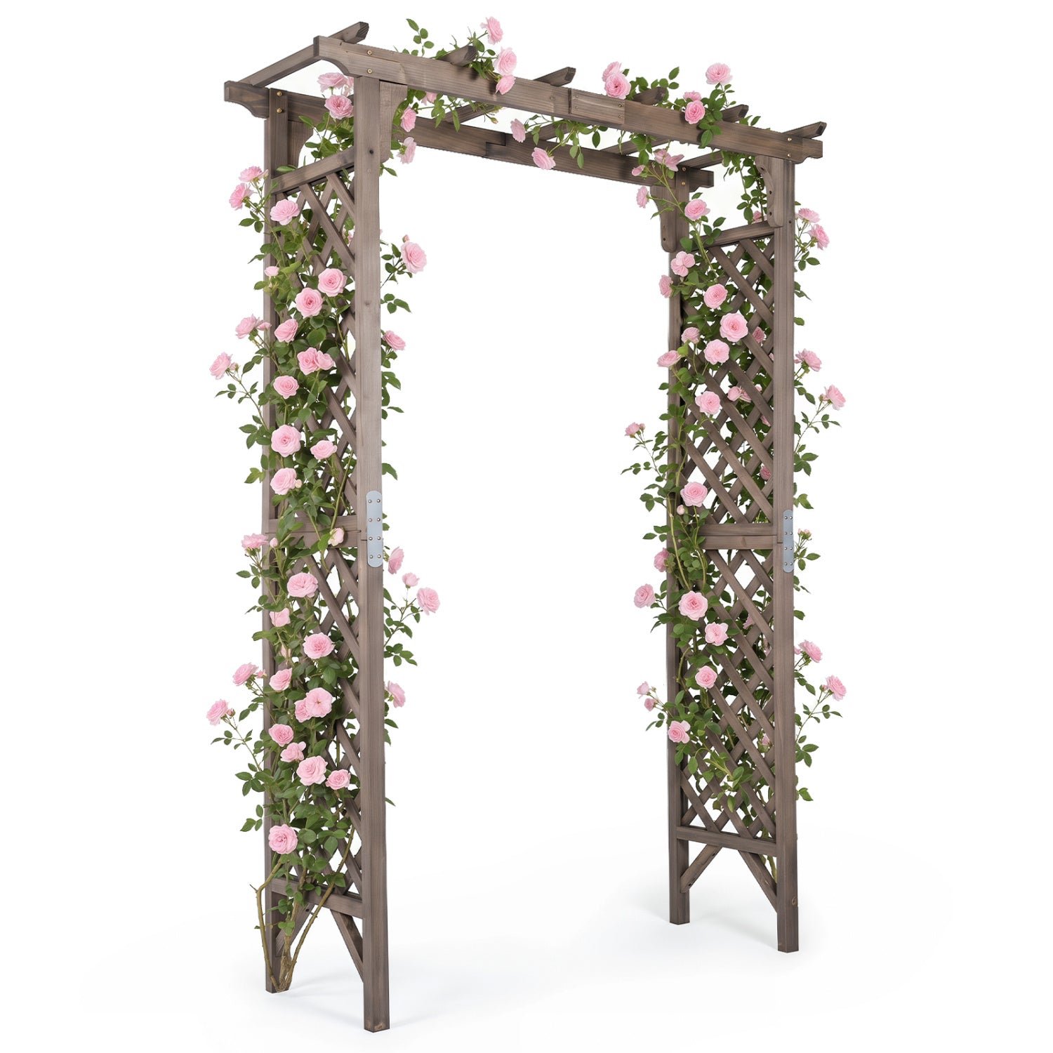 Wooden flat top garden arch with gate, 85 inches tall, ideal for climbing plants and outdoor wedding decor, brown finish.