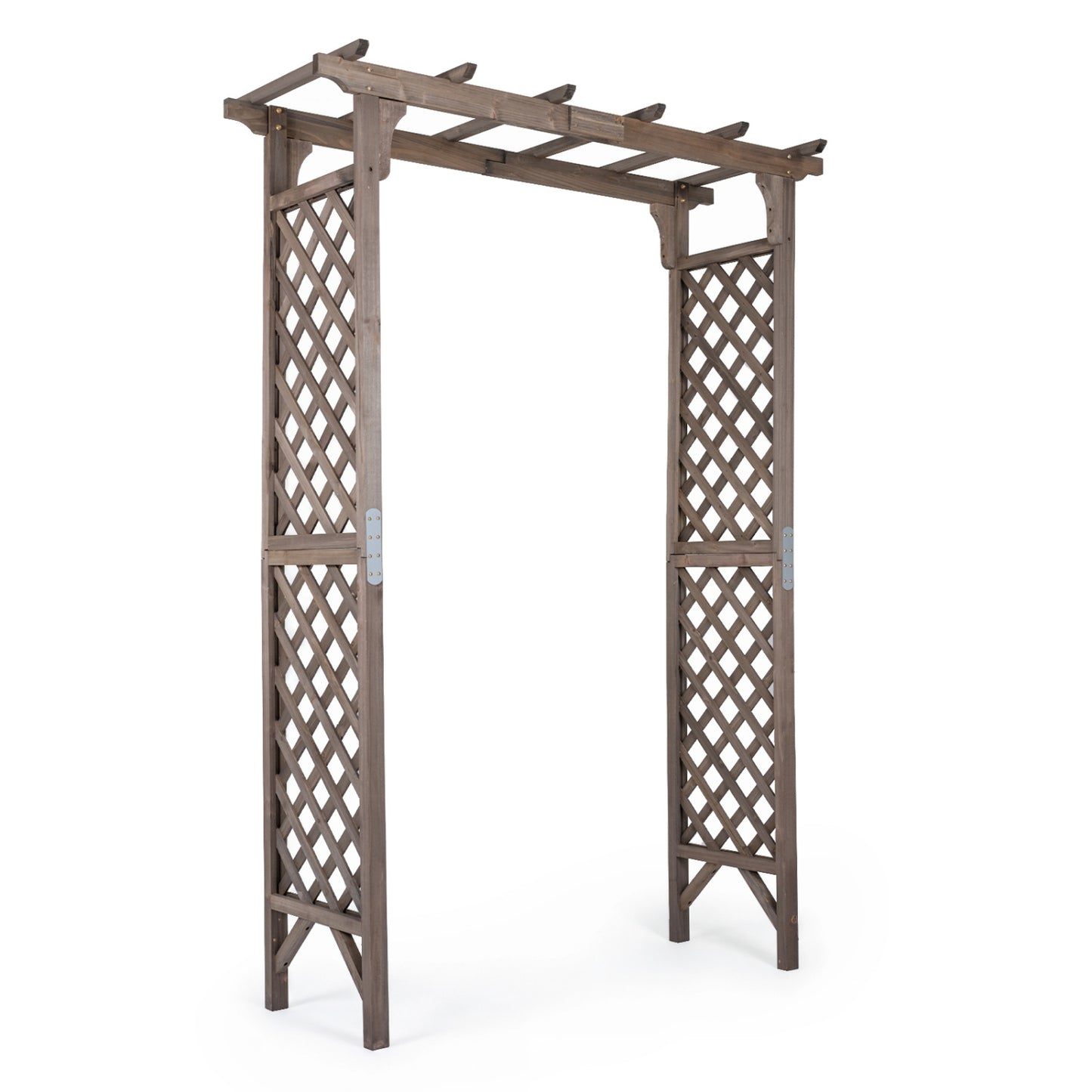 Brown flat top garden arch with gate, 85 inches tall, wooden outdoor arbor for climbing plants and garden decor.