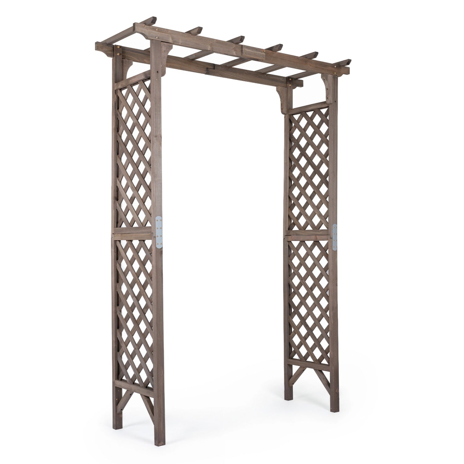 Brown flat top garden arch with gate, 85 inches tall, wooden outdoor arbor for climbing plants and garden decor.