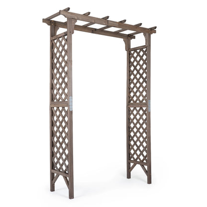 Brown flat top garden arch with gate, 85 inches tall, wooden outdoor arbor for climbing plants and garden decor.