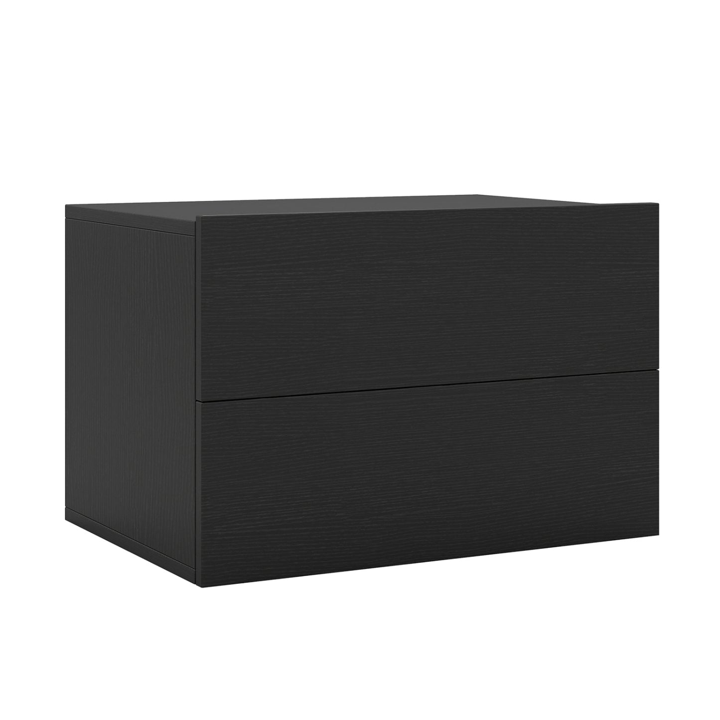 Black wall-mounted floating nightstand with two storage drawers, ideal for modern bedroom furniture.