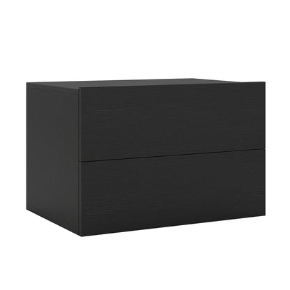 Black wall-mounted floating nightstand with two storage drawers, ideal for modern bedroom furniture.