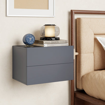 Black floating nightstand with two storage drawers, wall-mounted bedroom furniture by Wilsons Home Store.