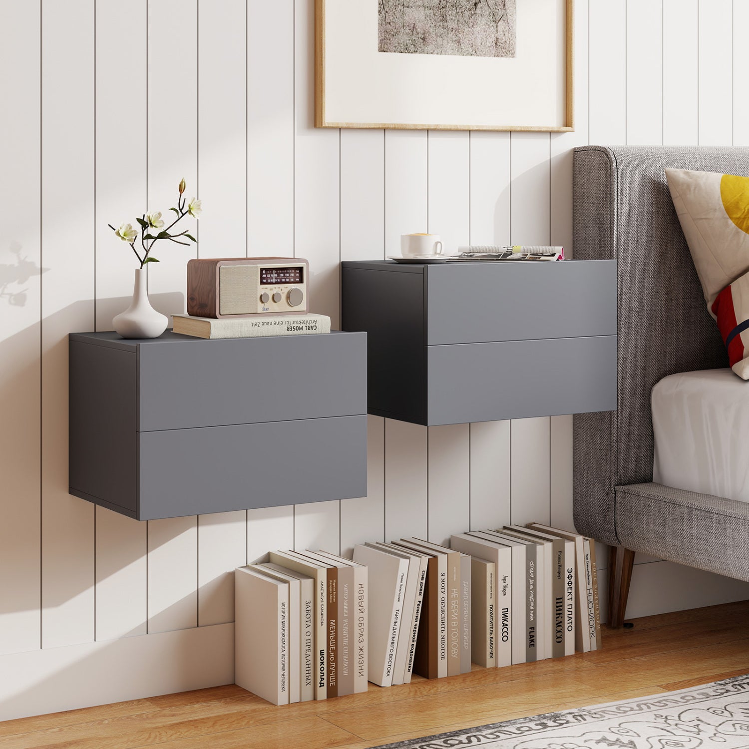 Black wall-mounted floating nightstand with two storage drawers, modern bedroom furniture by Wilsons Home Store