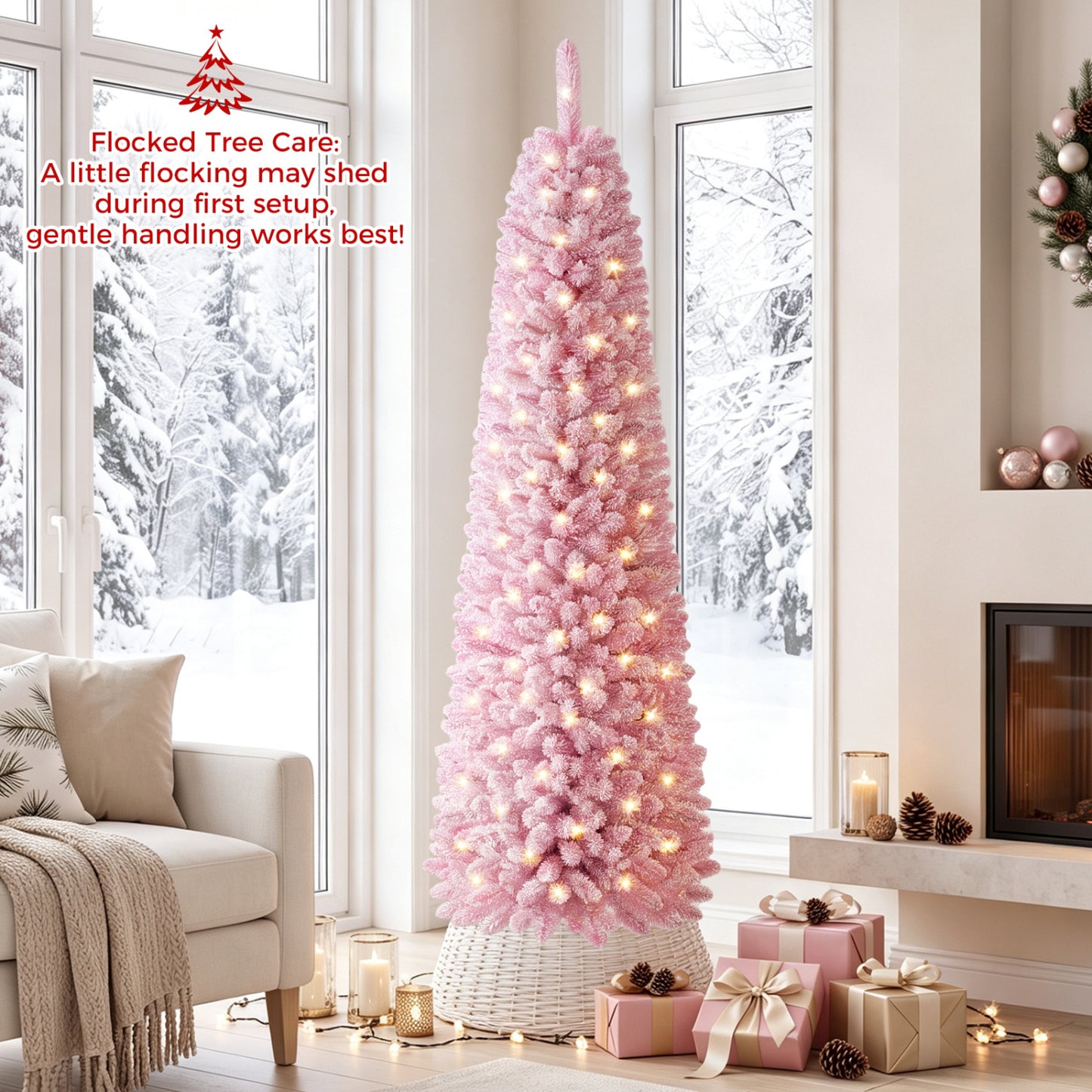 Flocked Pencil Christmas Tree with 8 Modes Pre-Lit Artificial Fir Xmas Tree-6 FT