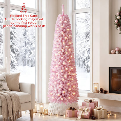 Flocked Pencil Christmas Tree with 8 Modes Pre-Lit Artificial Fir Xmas Tree-6 FT