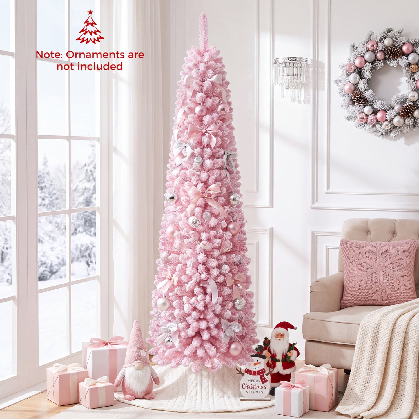 Flocked Pencil Christmas Tree with 8 Modes Pre-Lit Artificial Fir Xmas Tree-6 FT