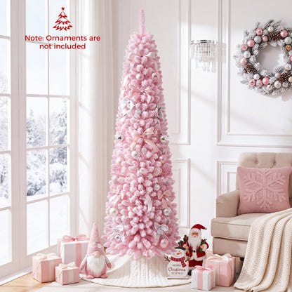 Flocked Pencil Christmas Tree with 8 Modes Pre-Lit Artificial Fir Xmas Tree-6 FT