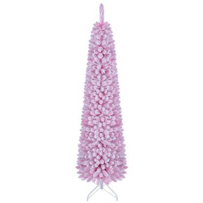 Flocked Pencil Christmas Tree with 8 Modes Pre-Lit Artificial Fir Xmas Tree-6 FT