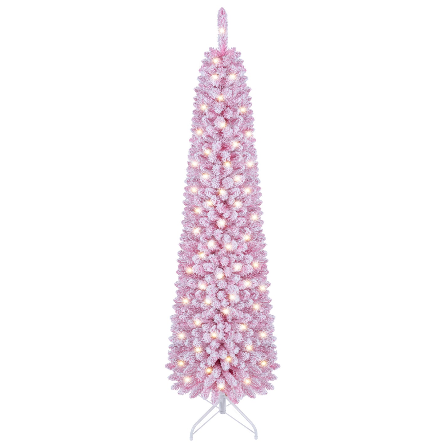 Flocked Pencil Christmas Tree with 8 Modes Pre-Lit Artificial Fir Xmas Tree-6 FT