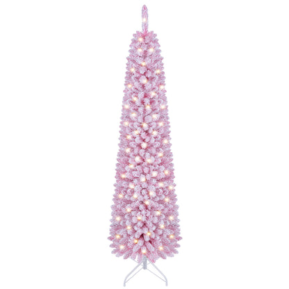 Flocked Pencil Christmas Tree with 8 Modes Pre-Lit Artificial Fir Xmas Tree-6 FT