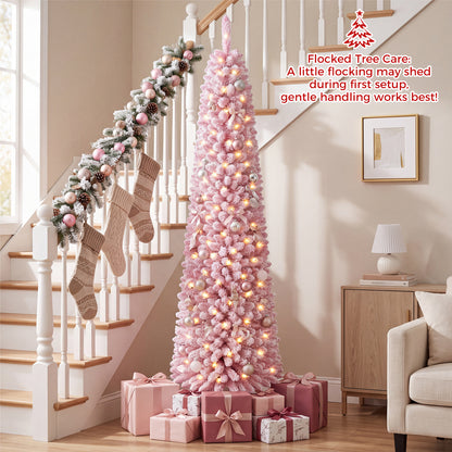 Flocked Pencil Christmas Tree with 8 Modes Pre-Lit Artificial Fir Xmas Tree-7 FT