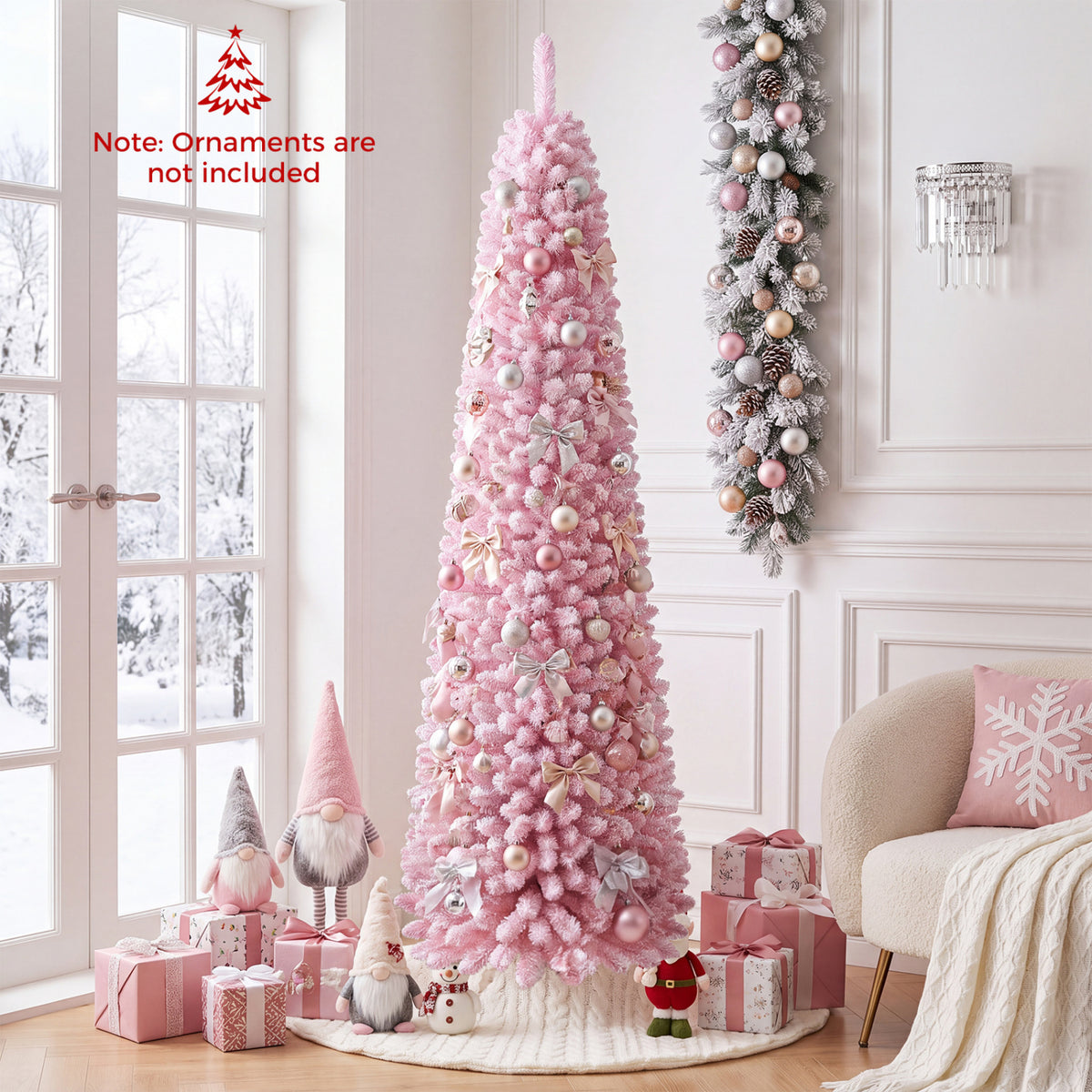 Flocked Pencil Christmas Tree with 8 Modes Pre-Lit Artificial Fir Xmas Tree-7 FT