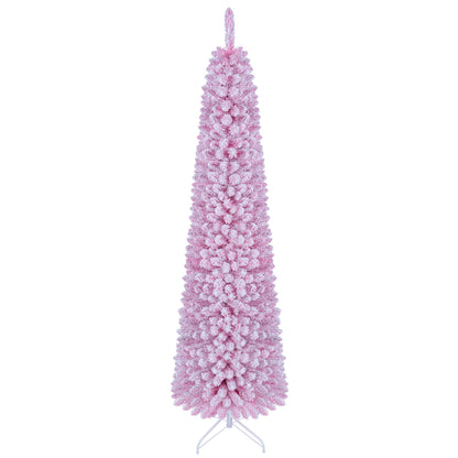 Flocked Pencil Christmas Tree with 8 Modes Pre-Lit Artificial Fir Xmas Tree-7 FT