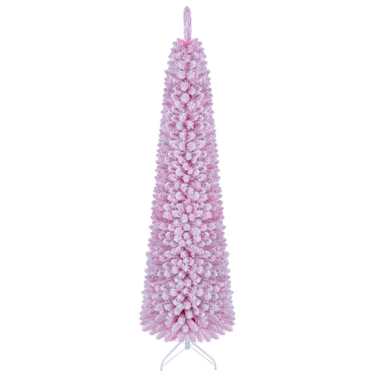 Flocked 7 ft pencil-shaped artificial Christmas tree with 8 lighting modes, pre-lit holiday fir tree for festive decor.