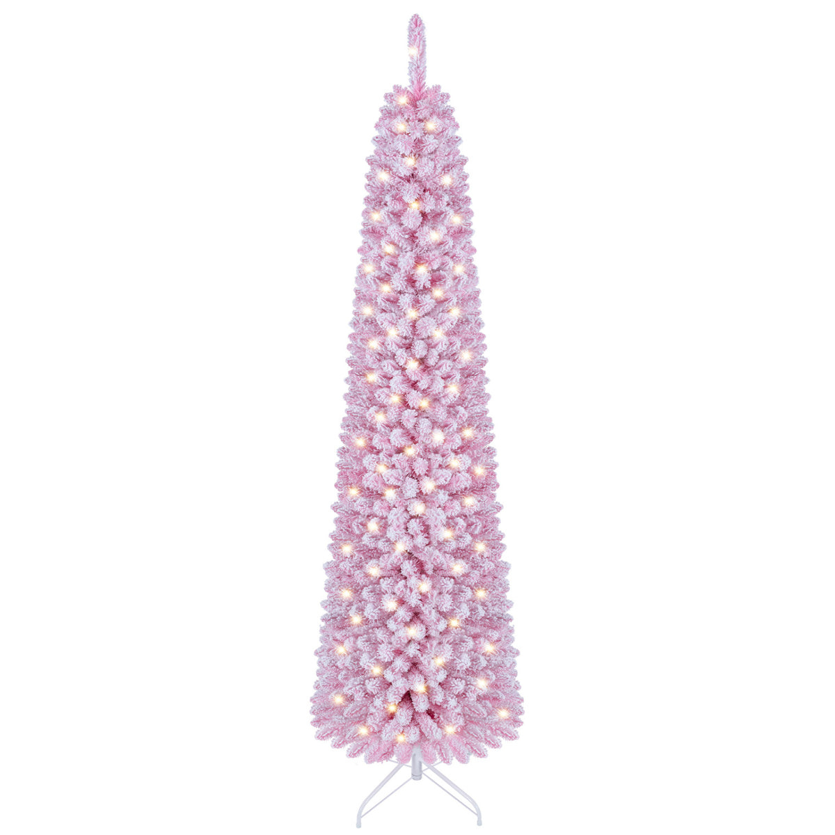 Flocked Pencil Christmas Tree with 8 Modes Pre-Lit Artificial Fir Xmas Tree-7 FT