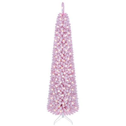 Flocked Pencil Christmas Tree with 8 Modes Pre-Lit Artificial Fir Xmas Tree-7 FT
