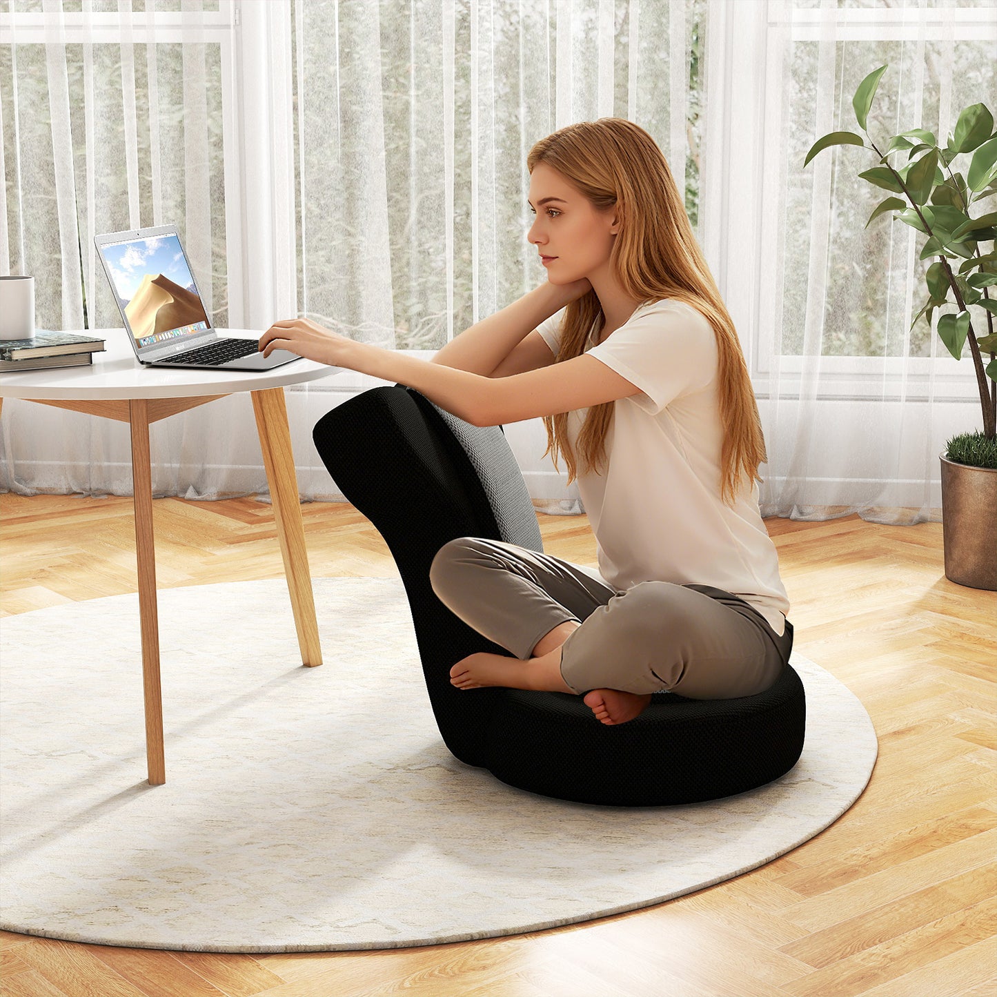 Floor Comfy Gaming Leisure Chair with Adjustable Headrest and Backrest-Gray