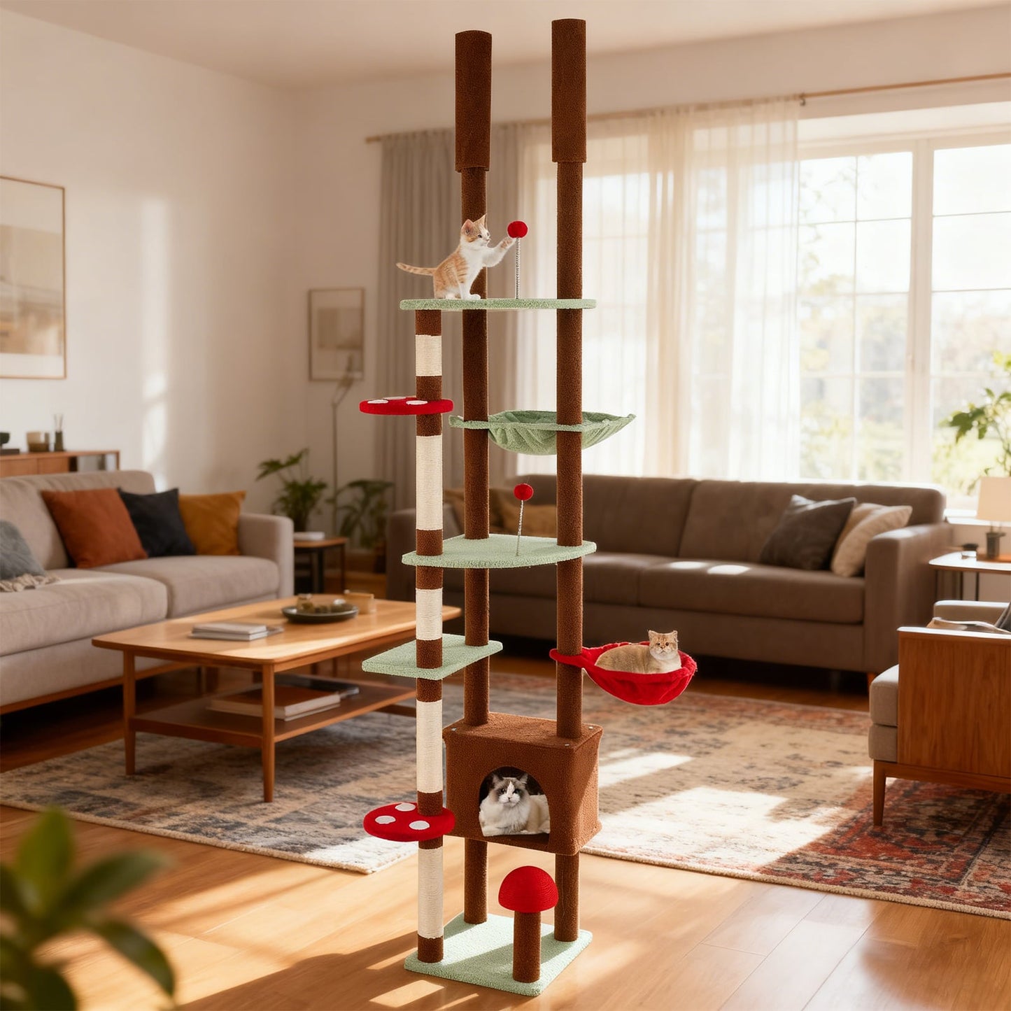 Floor to Ceiling Cat Tree Adjustable Mushroom Themed with Condo and Hammock-Brown