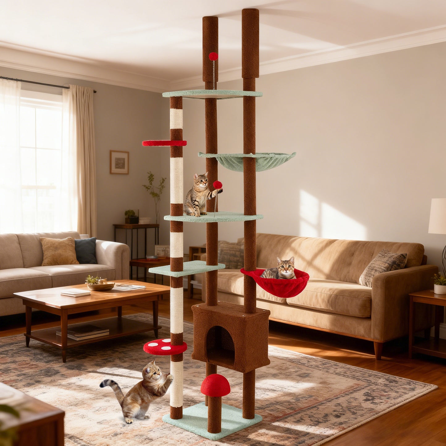 Floor to Ceiling Cat Tree Adjustable Mushroom Themed with Condo and Hammock-Brown