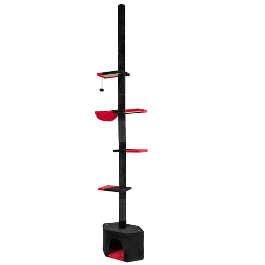 Adjustable black gothic cat tree with five tiers and condo, reaching 97-118 inches, ideal for cats to climb and rest.