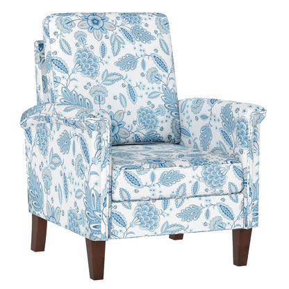 Floral Accent Chair Farmhouse Boho Armchair with Solid Wood Legs and High Back-Blue