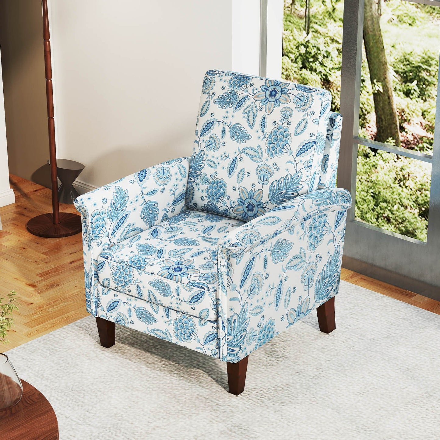 Floral Accent Chair Farmhouse Boho Armchair with Solid Wood Legs and High Back-Blue