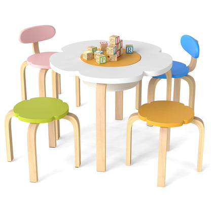 Flower-shaped Children Table Set Wooden Play and Activity Table with 2 Colorful Chairs and Stools-Multicolor