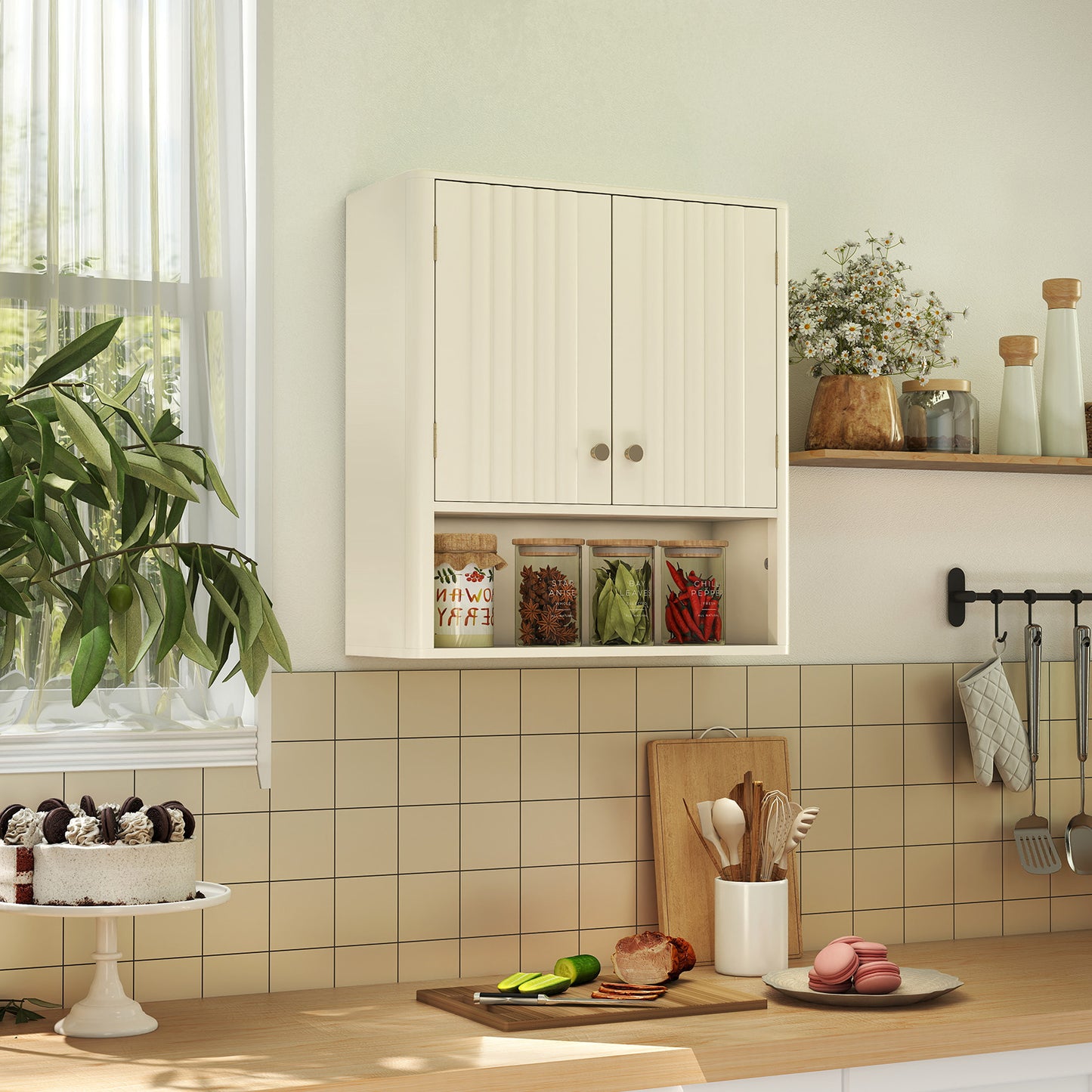 Fluted Bathroom Wall Cabinet with Open Shelf-Beige