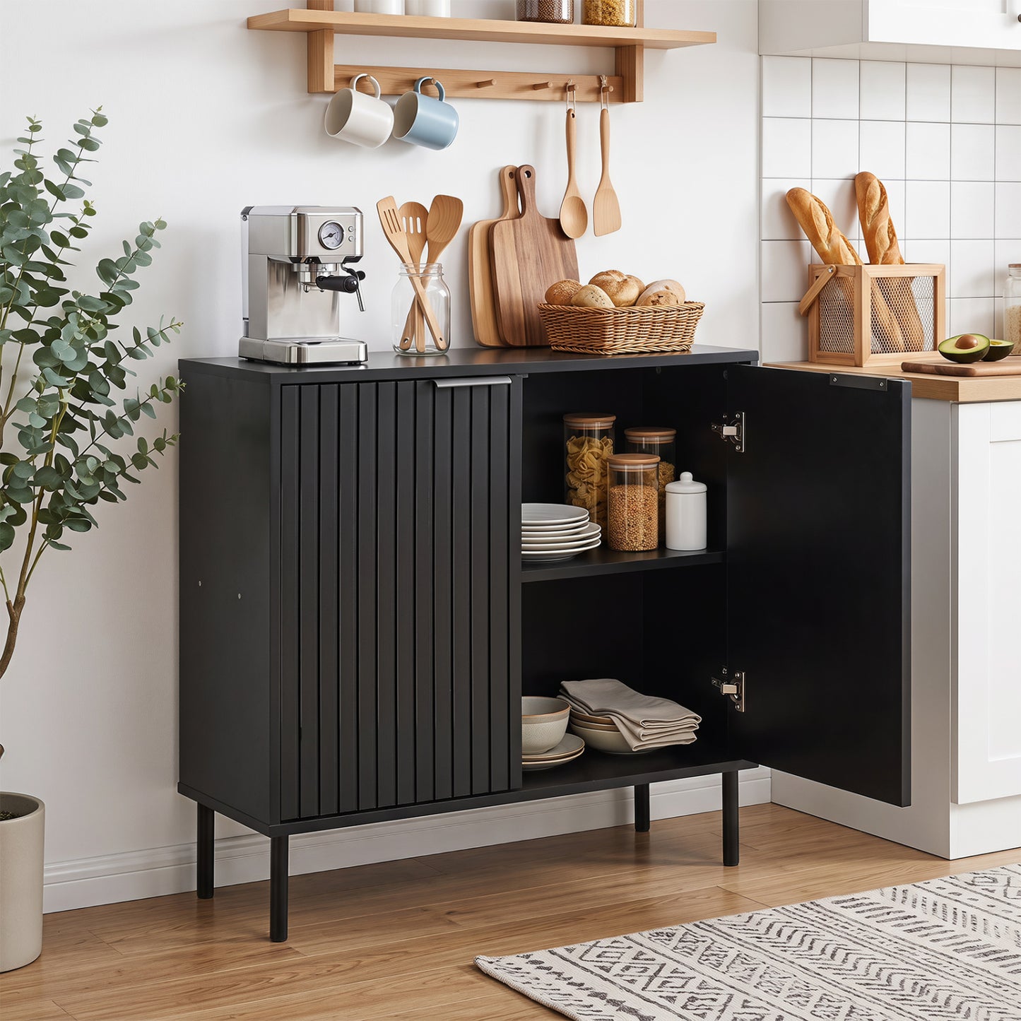 Fluted Buffet Cabinet with 2-Door Sideboard for Kitchen and Dining Room-Black
